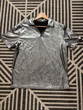 Men's Metallic Silver Polo Shirt - Shiny Short Sleeve